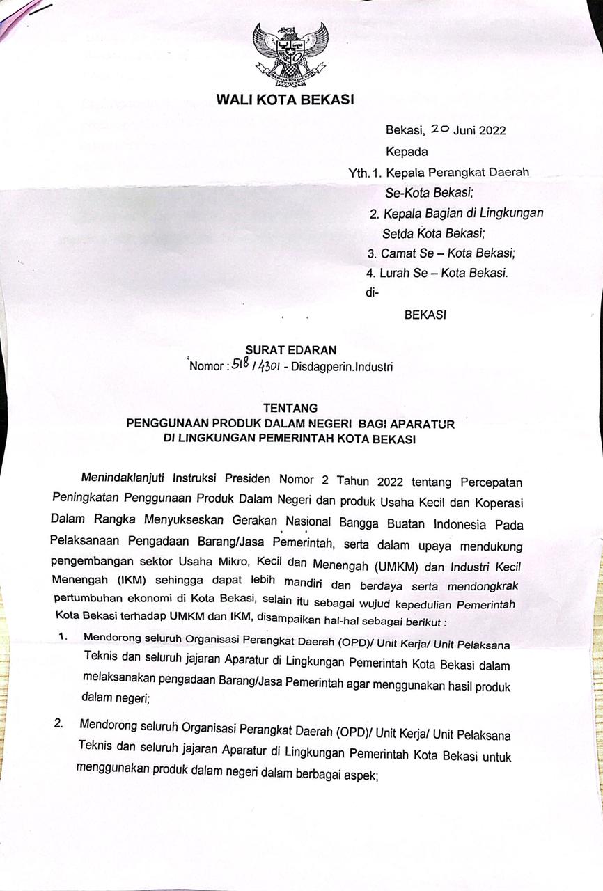 Plt. Wali Kota Bekasi Instruksikan Aparatur Pemkot Bekasi Gunakan Produk Dalam Negeri