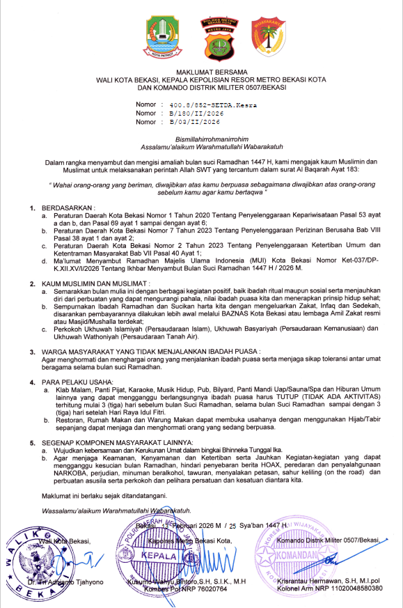 Maklumat Bersama Dalam Rangka Menyambut dan Mengisi Amaliah Bulan Suci Ramadhan 1447 H