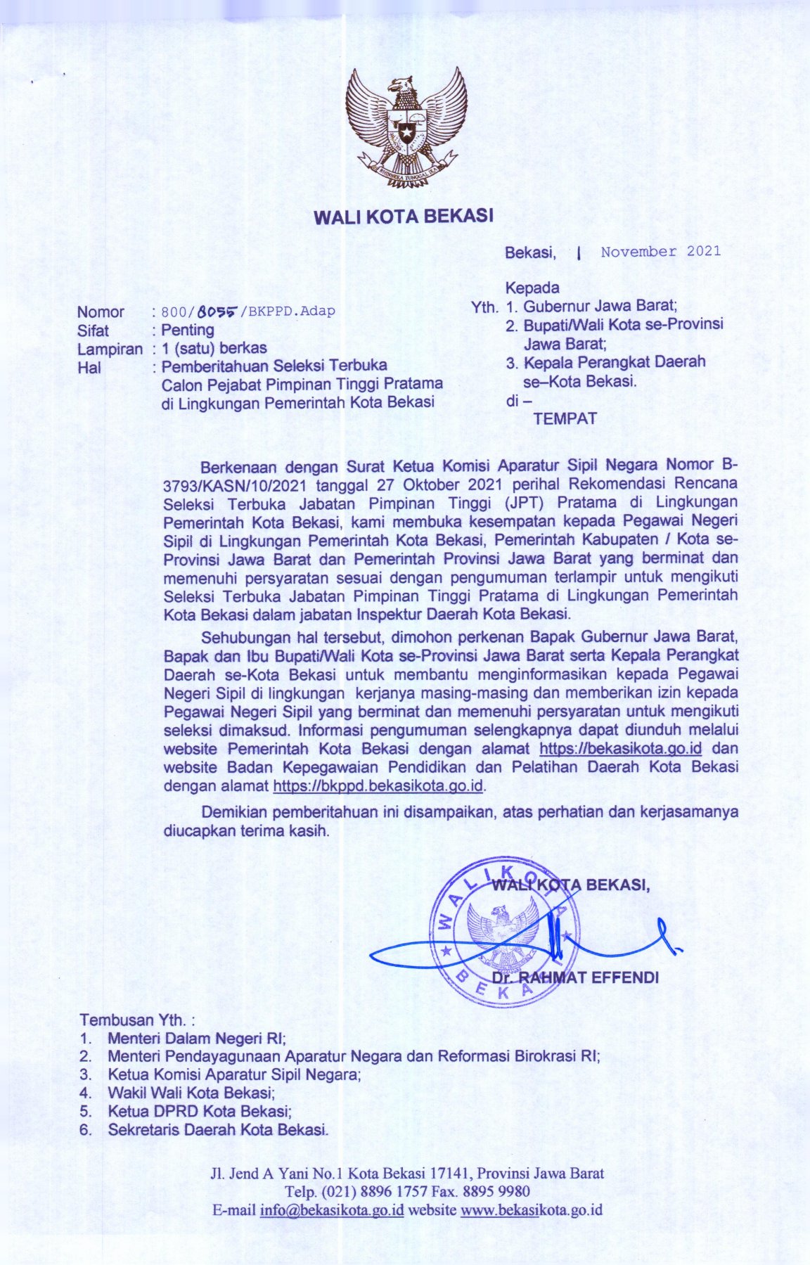 Seleksi Terbuka Jabatan Pimpinan Tinggi Pratama Kota Bekasi Tahun 2021