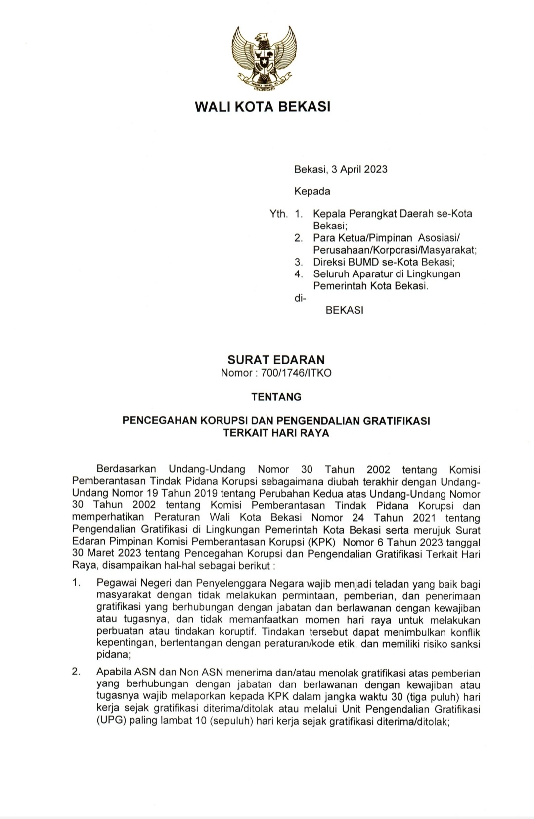 Pemkot Bekasi Keluarkan Edaran Pencegahan Korupsi dan Pengendalian Gratifikasi Terkait Hari Raya