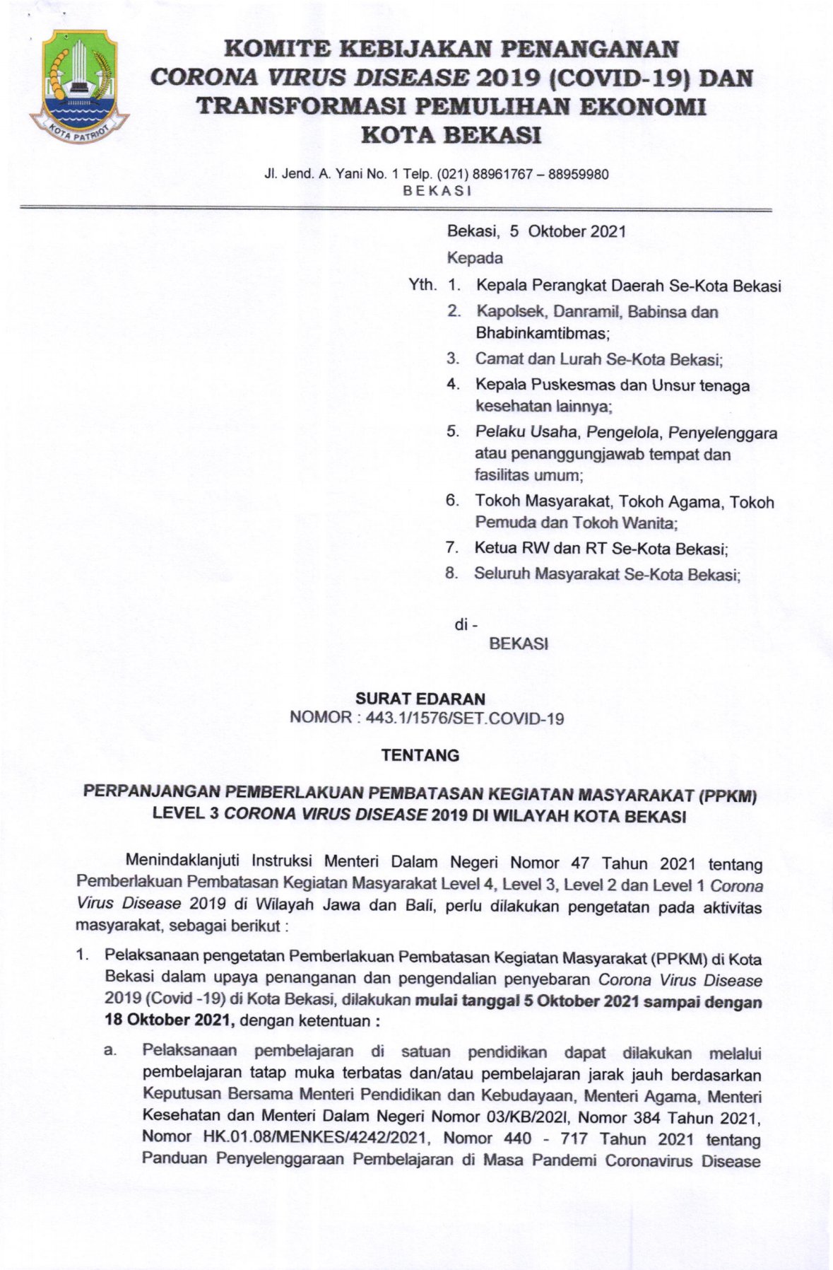Pemkot Bekasi Lanjutkan Perpanjangan Pemberlakuan Pembatasan Kegiatan Masyarakat (PPKM) Level 3