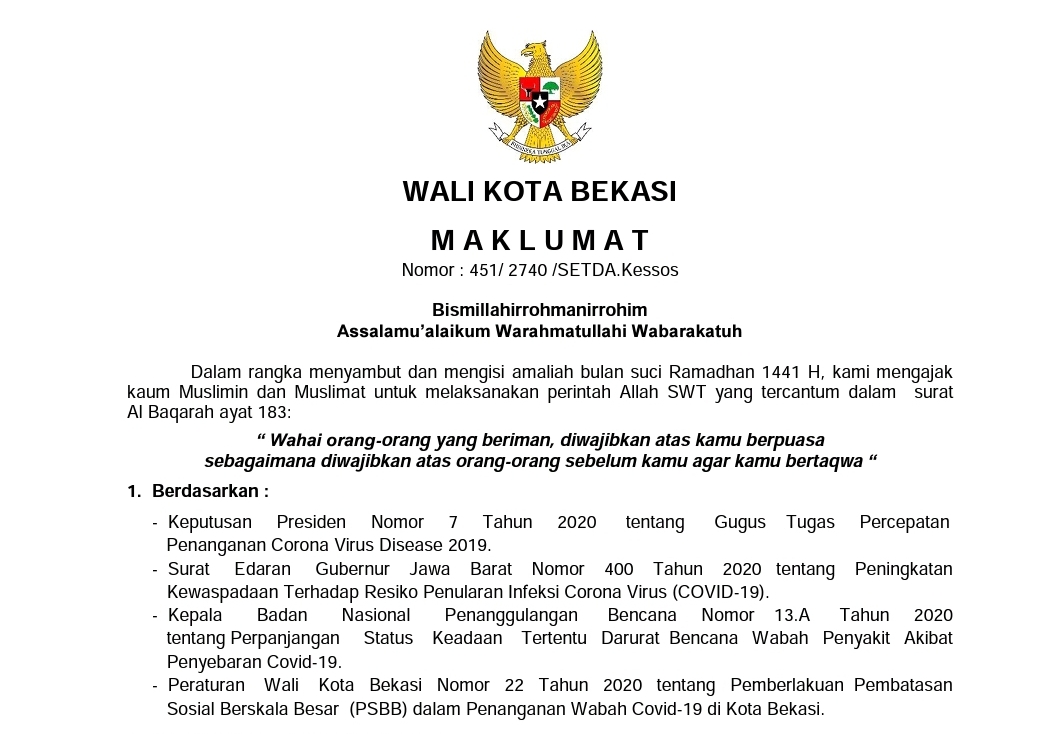 Maklumat Wali Kota Bekasi Dalam Menyambut dan Mengisi Amaliah Bulan Suci Ramadhan 1441 H