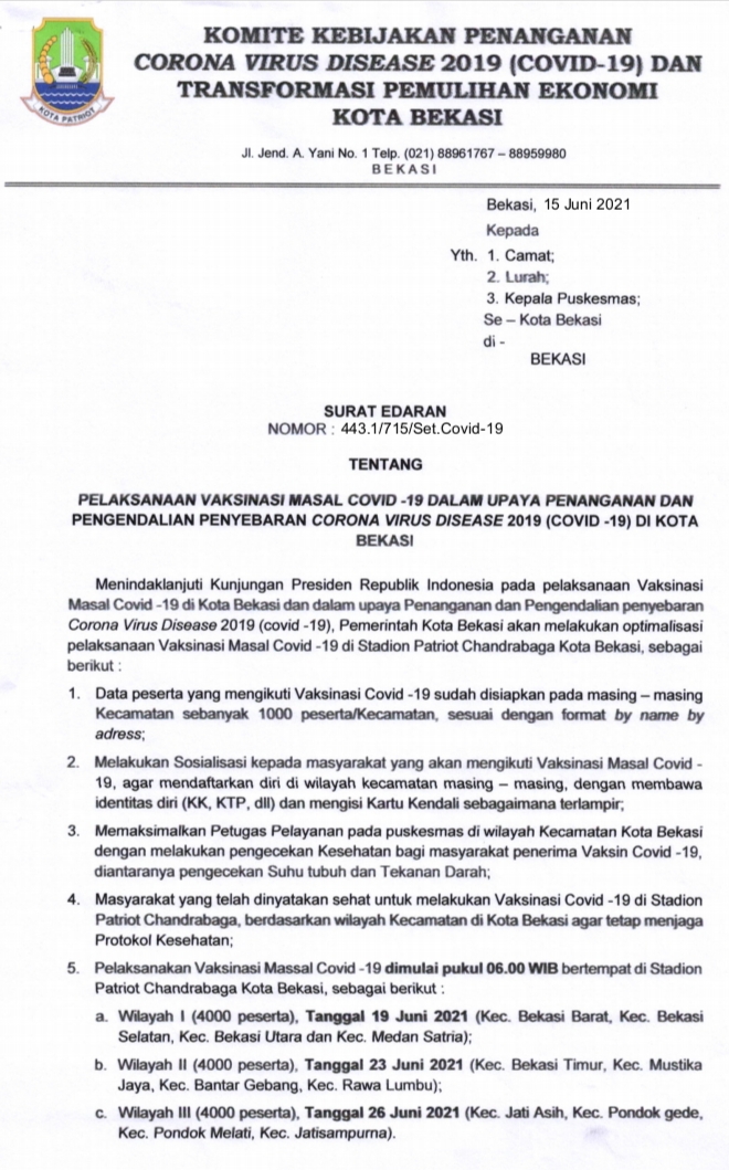 Pemerintah Kota Bekasi Pemkot Bekasi Keluarkan Surat Edaran Pelaksanaan Vaksinasi Massal Covid 19