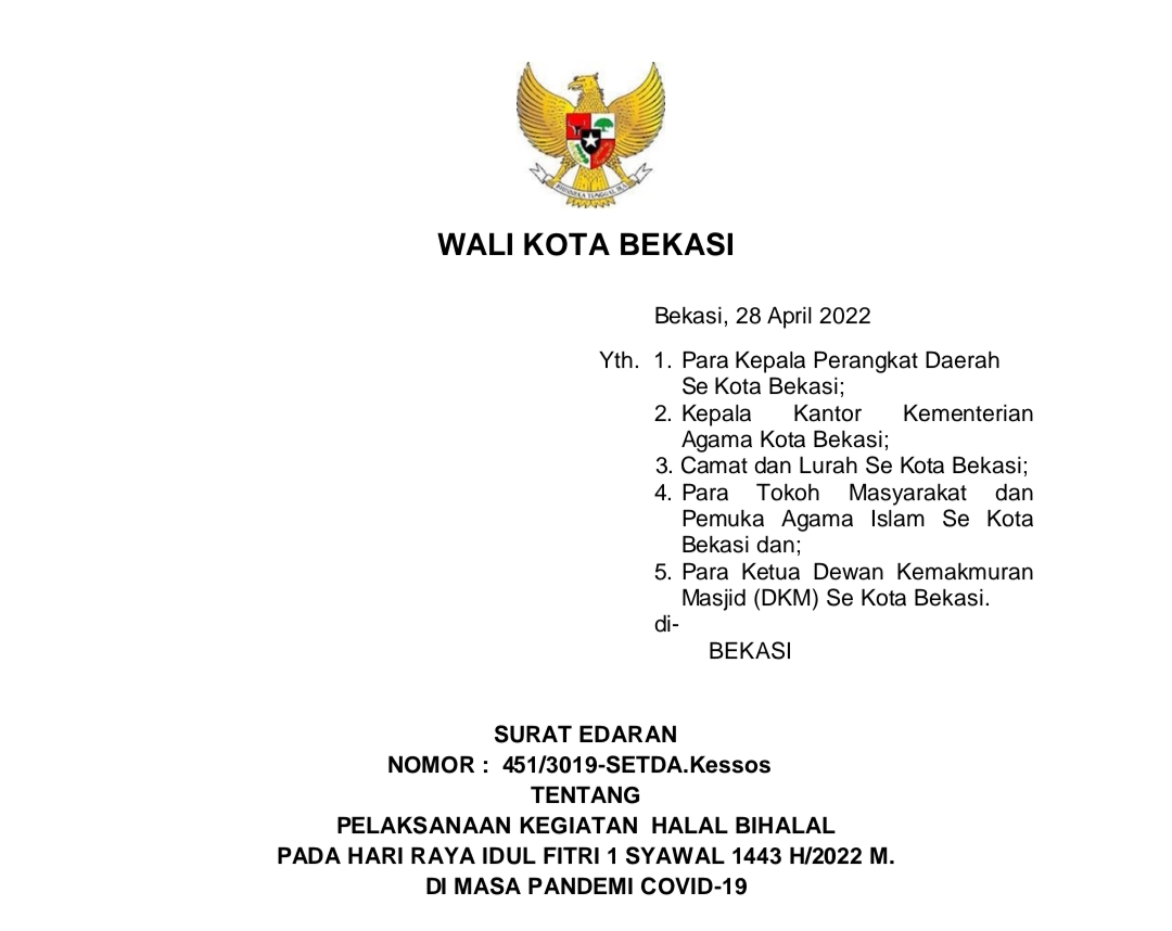 PEMKOT BEKASI KELUARKAN SURAT EDARAN HALAL BIHALAL HARI RAYA IDUL FITRI 1443 H
