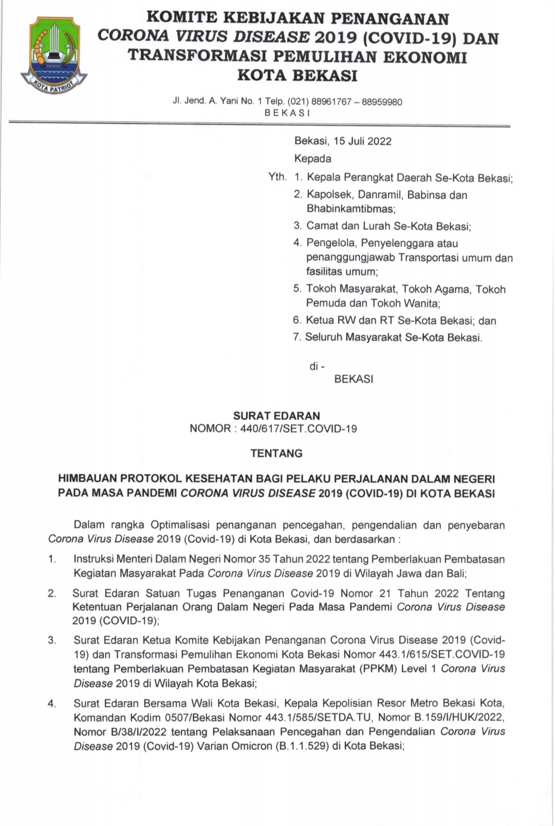 Pemkot Bekasi Keluarkan Edaran Himbauan Protokol Kesehatan Bagi Pelaku Perjalanan Dalam Negeri