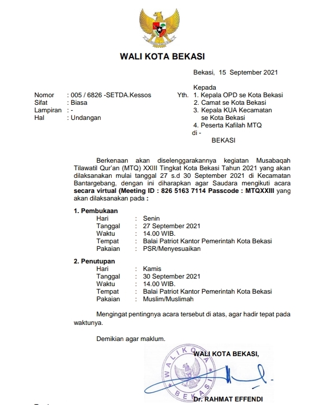 Pemerintah Kota Bekasi Pemkot Bekasi Adakan Lomba Mtq Ke 23 Pada 27 30 September 2021