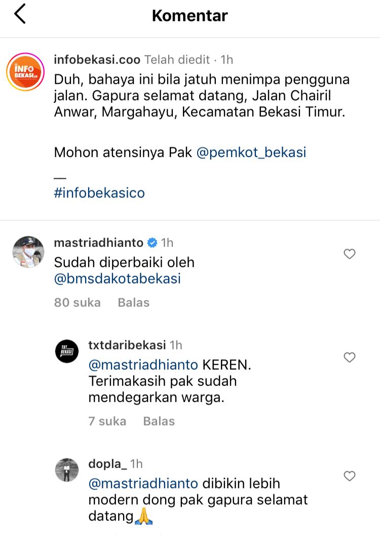 Melalui Medsos Plt Tri Adhianto Respon Cepat Kerusakan Gapura Selamat Datang Di Bekasi Timur
