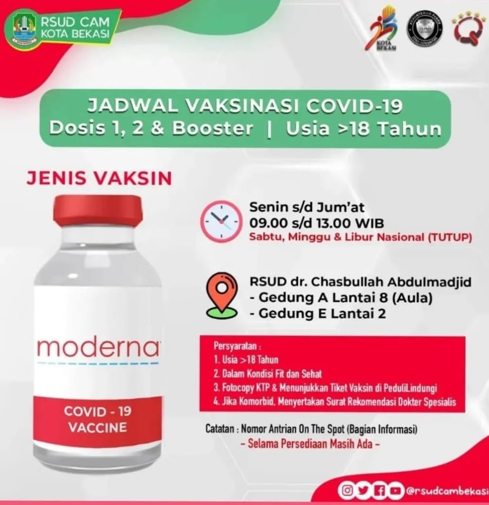 RSUDCAM Kota Bekasi Buka Pelayanan Vaksinasi dengan Jenis Moderna