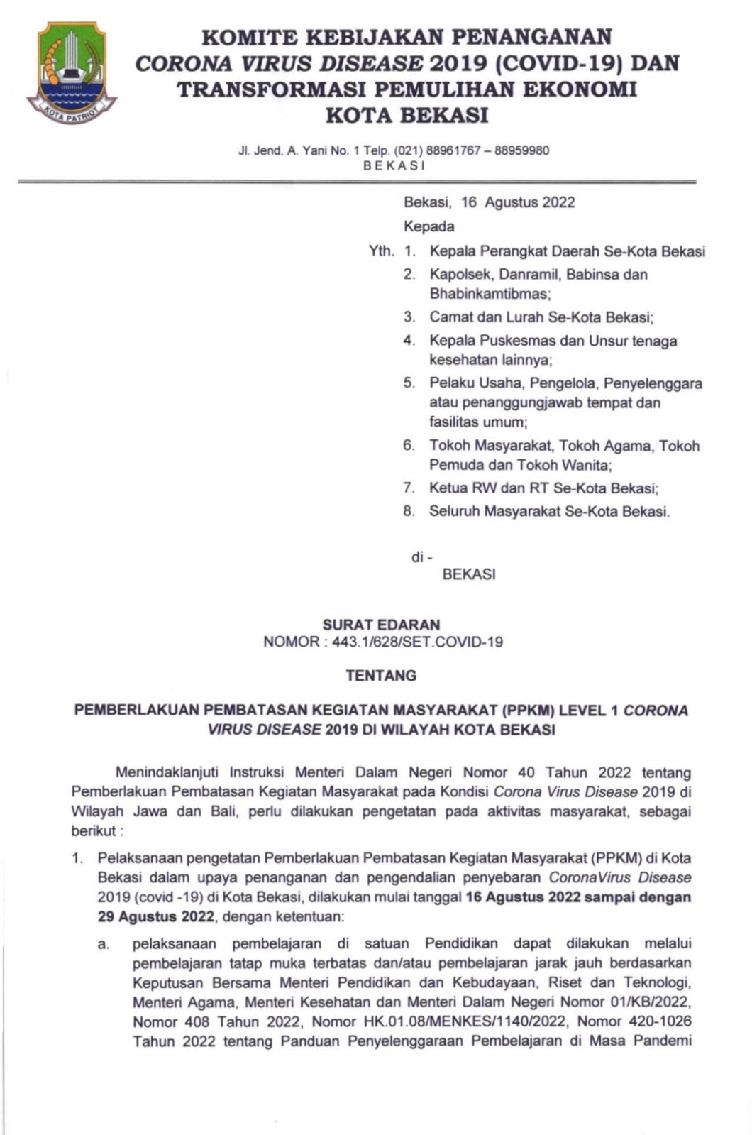 Pemkot Bekasi Keluarkan Surat Edara PPKM Level 1 hingga 29 Agustus 2022