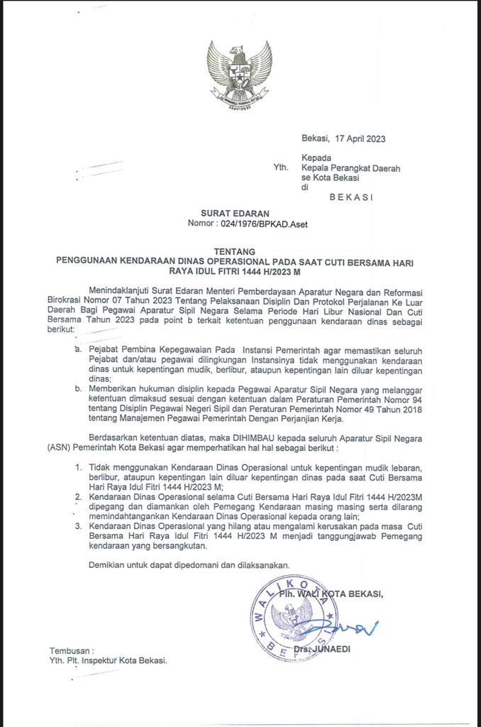 SE Penggunaan Kendaraan Dinas Operasional Pada Saat Cuti Bersama Hari Raya Idul Fitri 1444 H