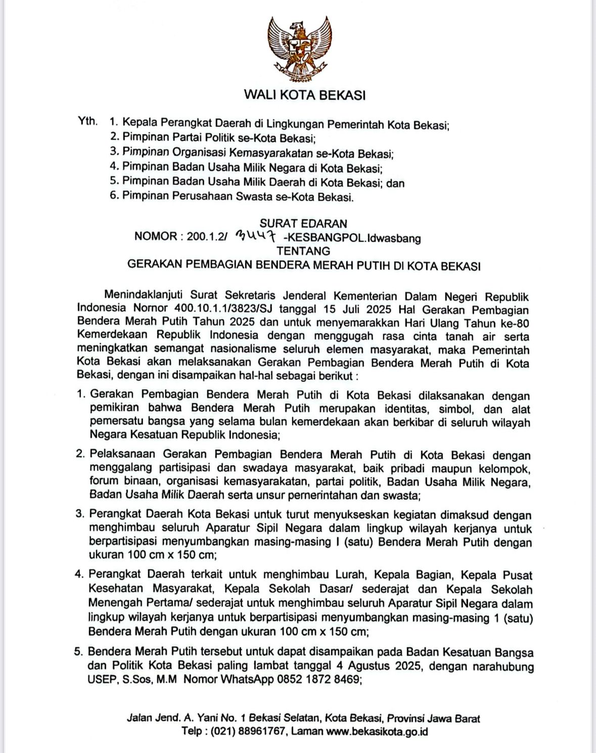 Pemkot Bekasi Keluarkan Surat Edaran Pembagian Bendera Merah Putih